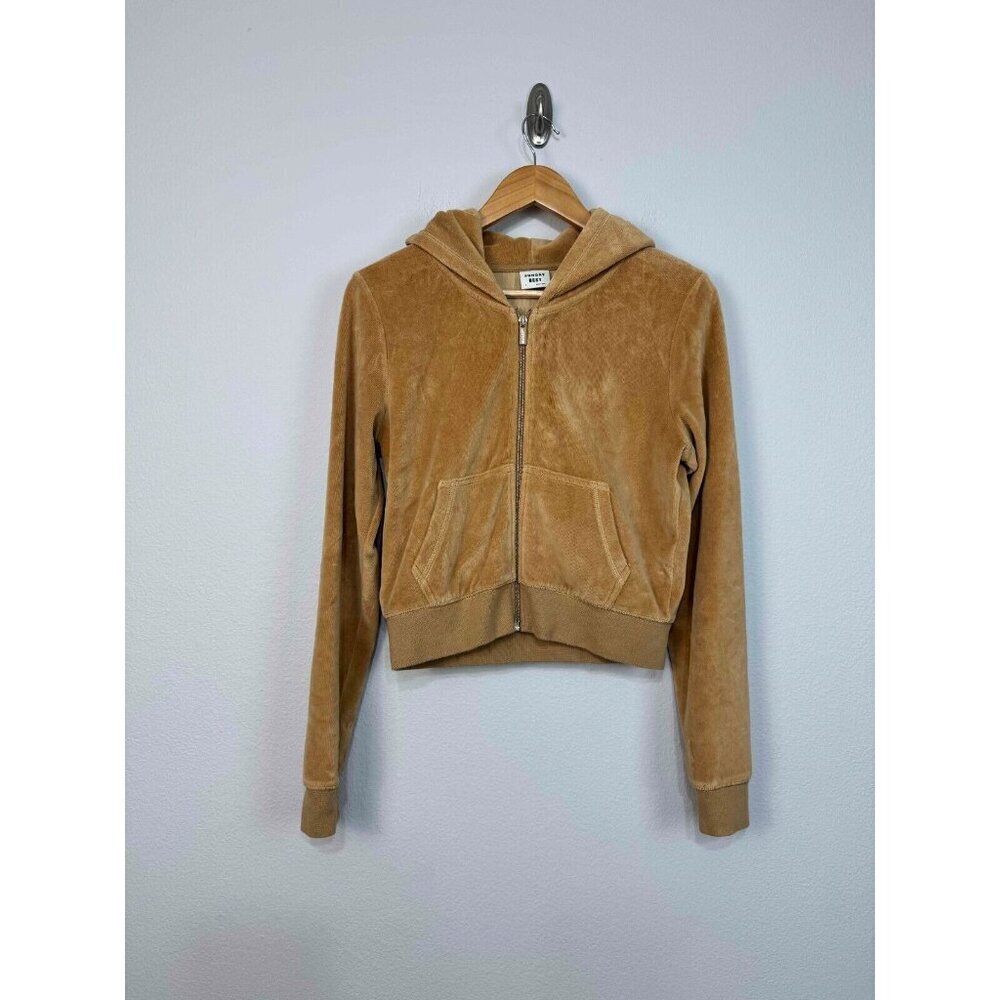 Sunday Best Women's Kiera Sweater Cropped Velour Zip Hoodie Beige Size Small